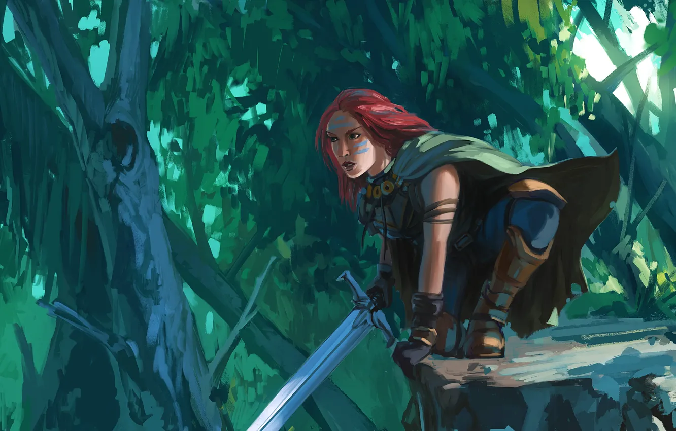 Фото обои лес, взгляд, девушка, меч, арт, рыжая, Forest Ranger