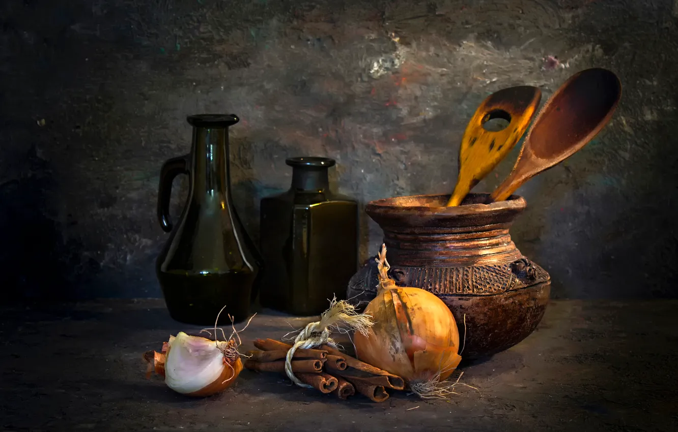 Фото обои лук, бутылки, кувшин, натюрморт, корица, A French kitchen