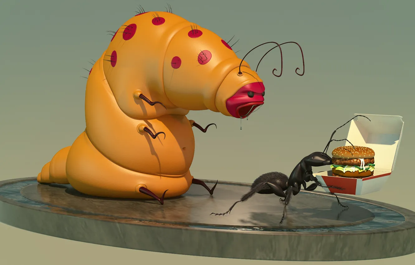 Фото обои муравей, гамбургер, обжорка, Albu Eduard, One hungrier than another
