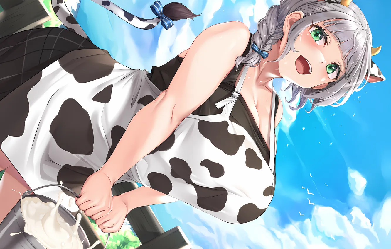 Фото обои girl, cleavage, horns, sky, green eyes, boobs, animal ears, anime