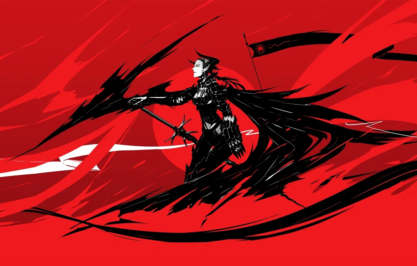 Фото обои девушка, красный, черный, рисунок, меч, аниме, флаг, демон