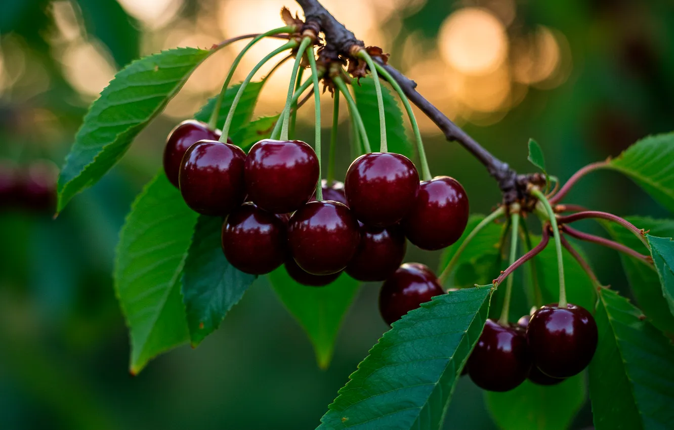 Фото обои листья, ветка, гроздь, leaves, bokeh, черешни, branch, cherries