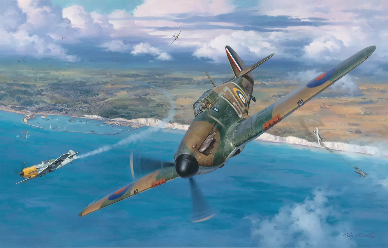 Фото обои war, aviation, Hawker Hurricane, ww2, battle of britain, painting art, Junkers Ju 87, Messerschmitt Bf …