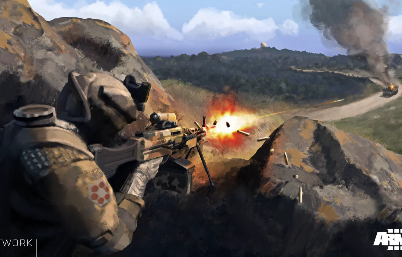 Фото обои солдат, выстрелы, пулемёт, artwork, DLC Marksmen, ArmA 3