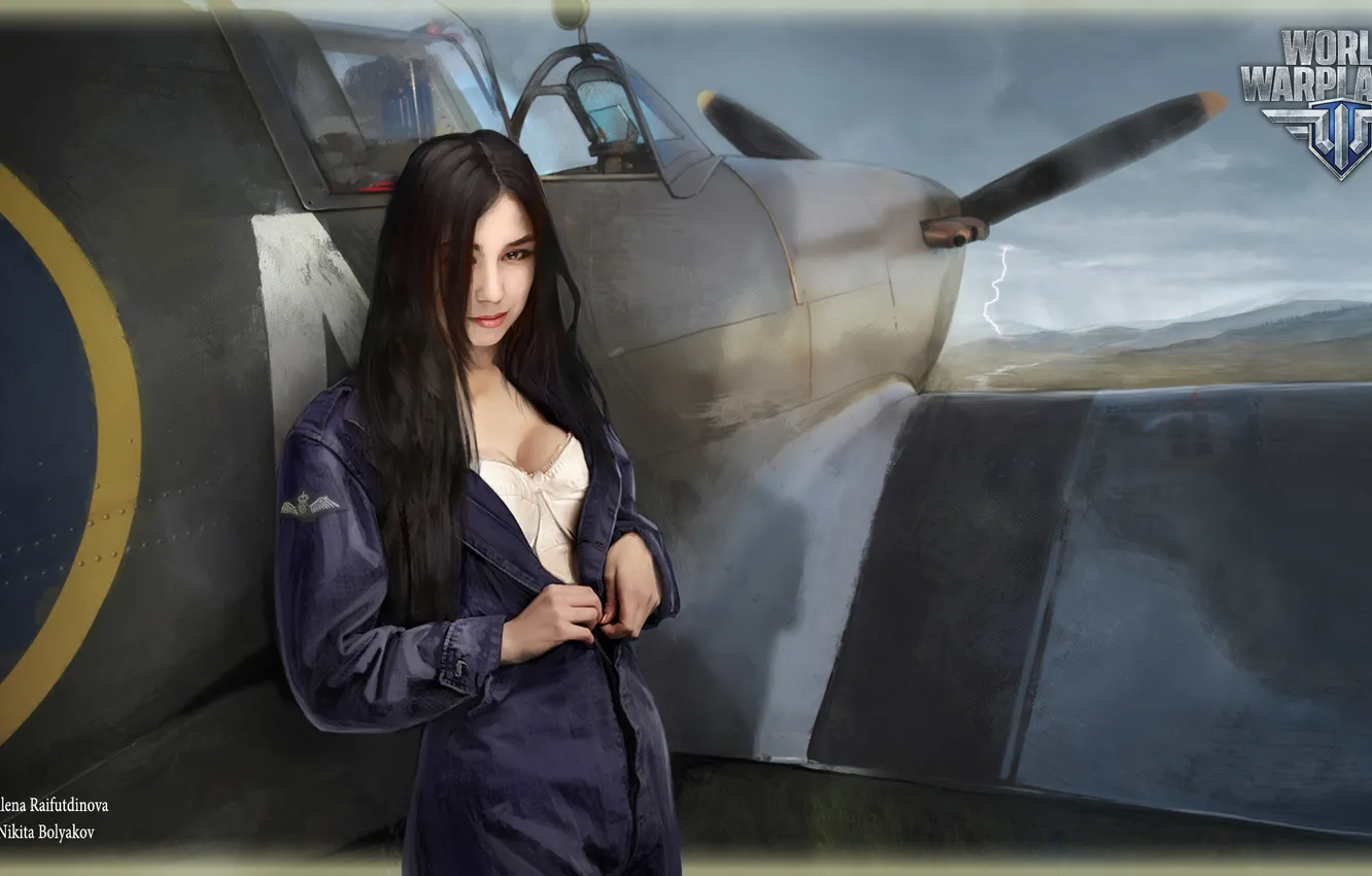Фото обои грудь, девушка, самолет, girl, aviation, авиа, MMO, Wargaming.net