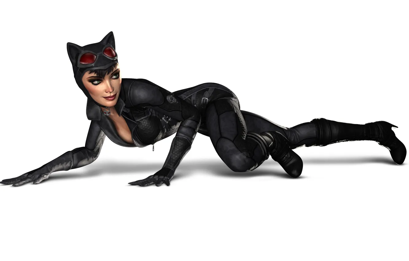 Фото обои кошка, взгляд, поза, улыбка, женщина, очки, batman arkham city, catwoman