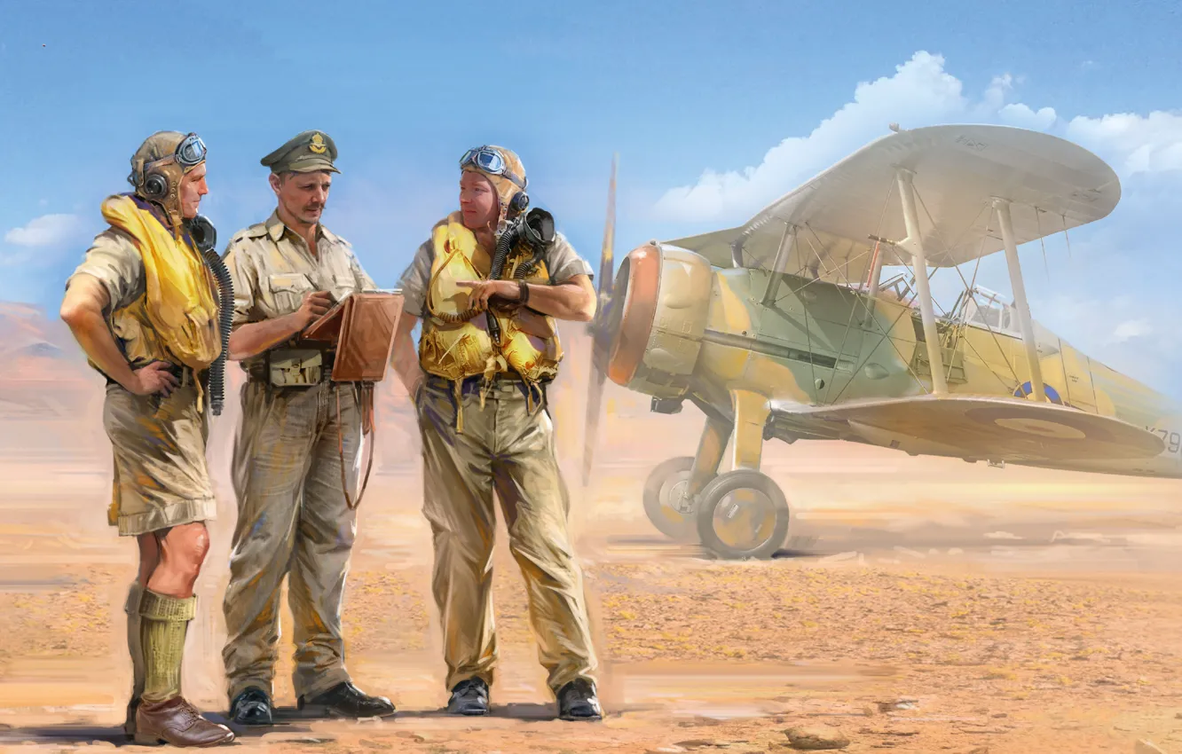 Фото обои Великобритания, Raf, Gloster Gladiator, Иван Хивренко, British Pilots In Tropical Uniform (1939-1943), британские пилоты