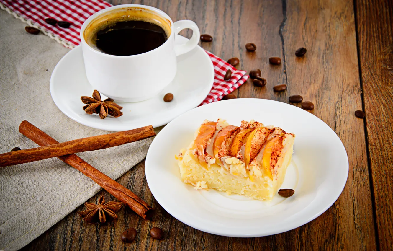 Фото обои кофе, еда, пирог, корица, выпечка, анис, яблочный