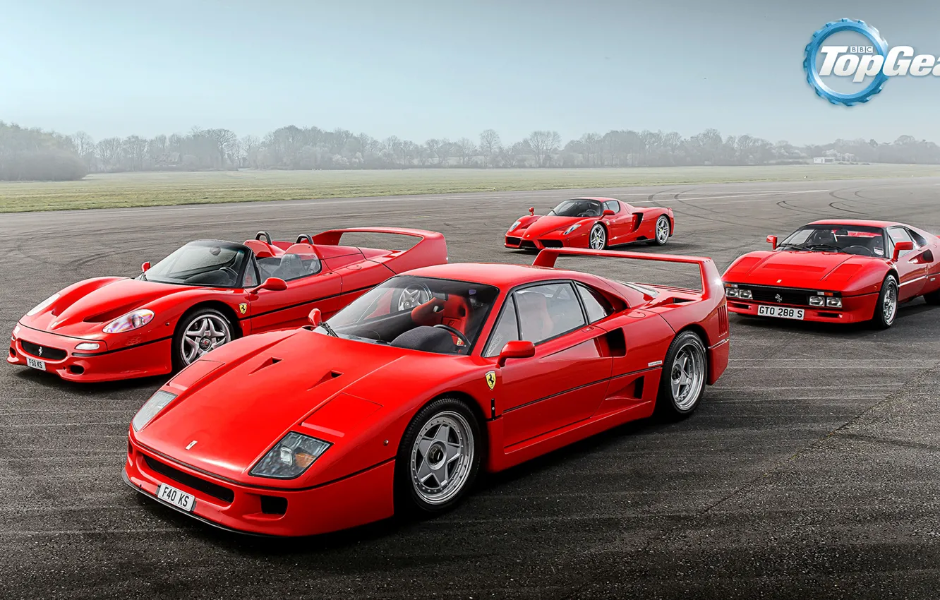 Фото обои Top Gear, Ferrari, Red, F40, Sky, Grass, Enzo, Front