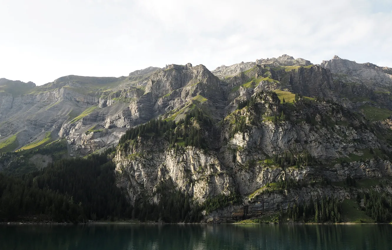 Фото обои небо, горы, Switzerland, водоём, Горное озеро Oeschinensee