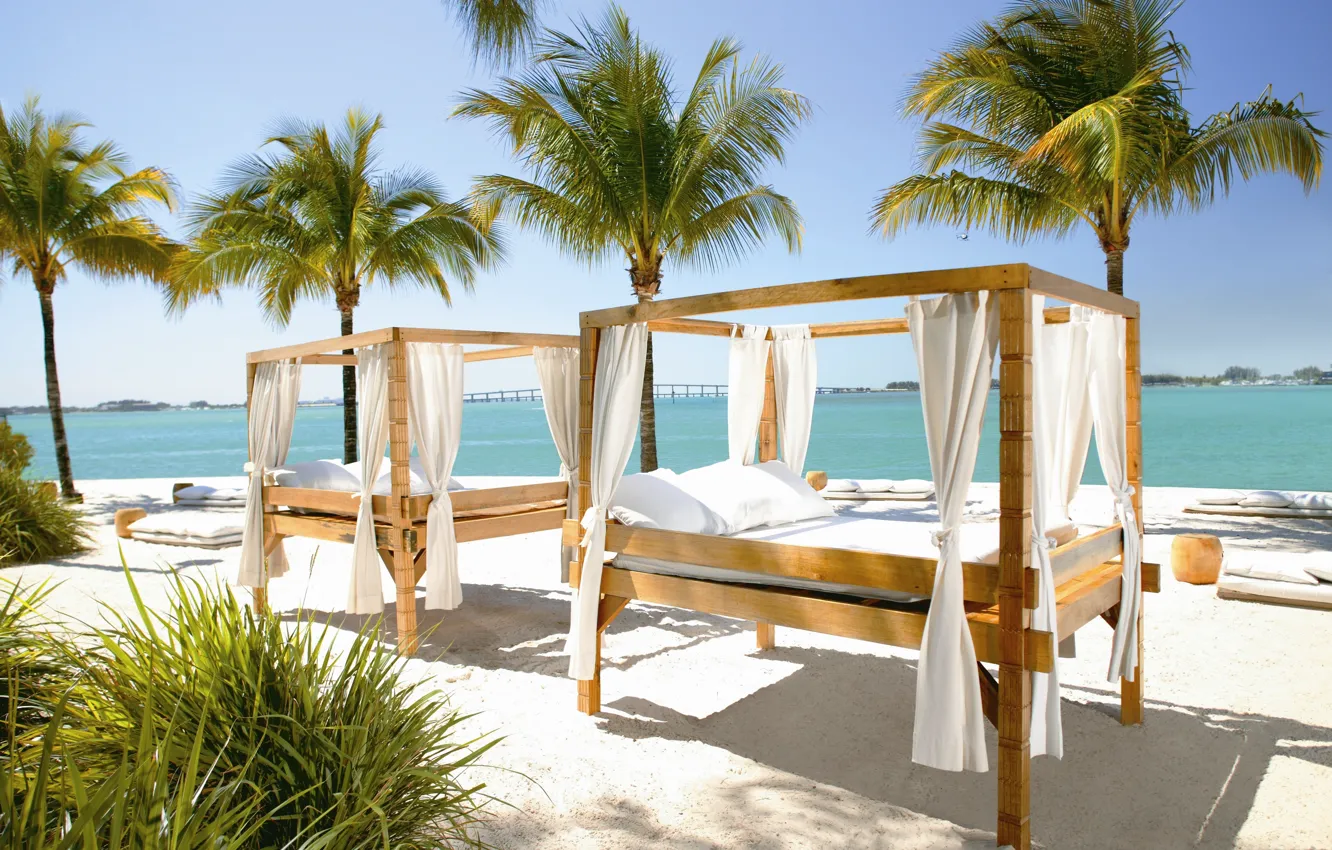 Фото обои пляж, пальмы, интерьер, кровати, майами, miami