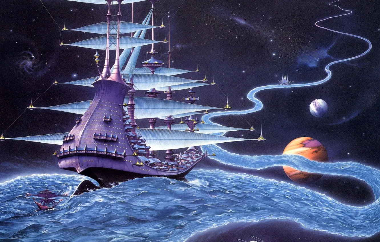 Фото обои река, планеты, корабль, звёзды, миры, Rodney Matthews, путешествие, The Ether Stream