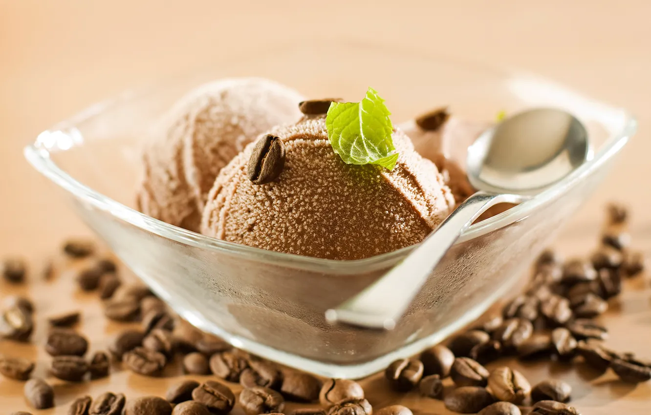 Фото обои кофе, ложка, мороженое, кружочки, мята, шоколадное