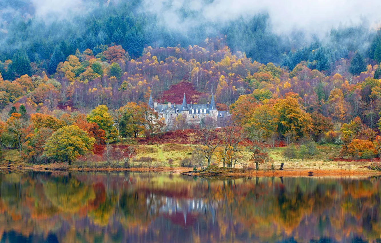 Фото обои осень, озеро, замок, Шотландия, Tigh Mor Trossachs, Акрей
