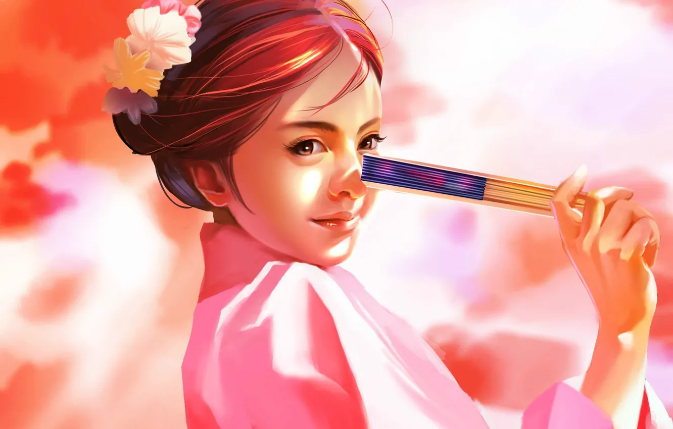 Фото обои лицо, японка, рука, веер, прическа, девочка, кимоно, розовый фон