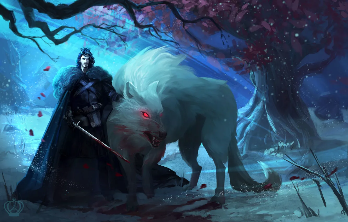 Фото обои дерево, волк, арт, мужчина, Ghost, Призрак, Игра Престолов, Game of Thrones