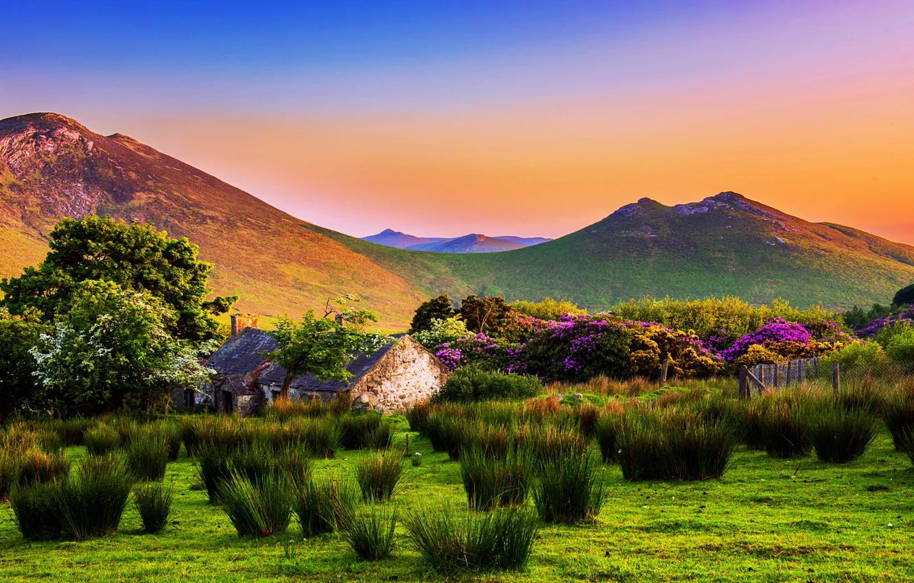 Фото обои пейзаж, закат, горы, природа, дом, сад, Ирландия, насаждения