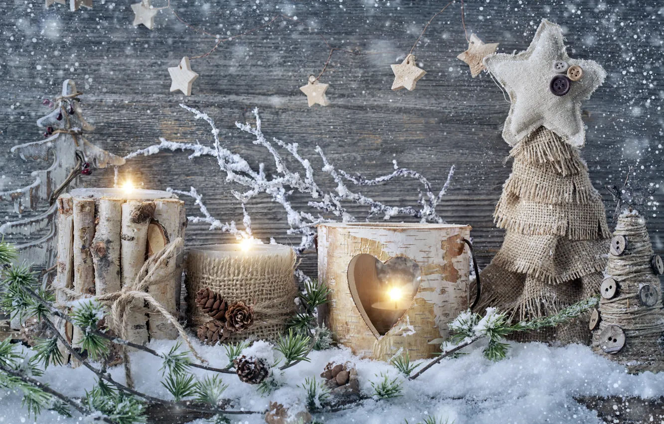 Фото обои снег, украшения, свечи, Новый Год, Рождество, Christmas, vintage, New Year