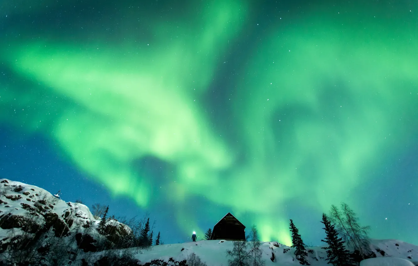 Фото обои light, winter, snow, man, northern lights, hut, aurora borealis