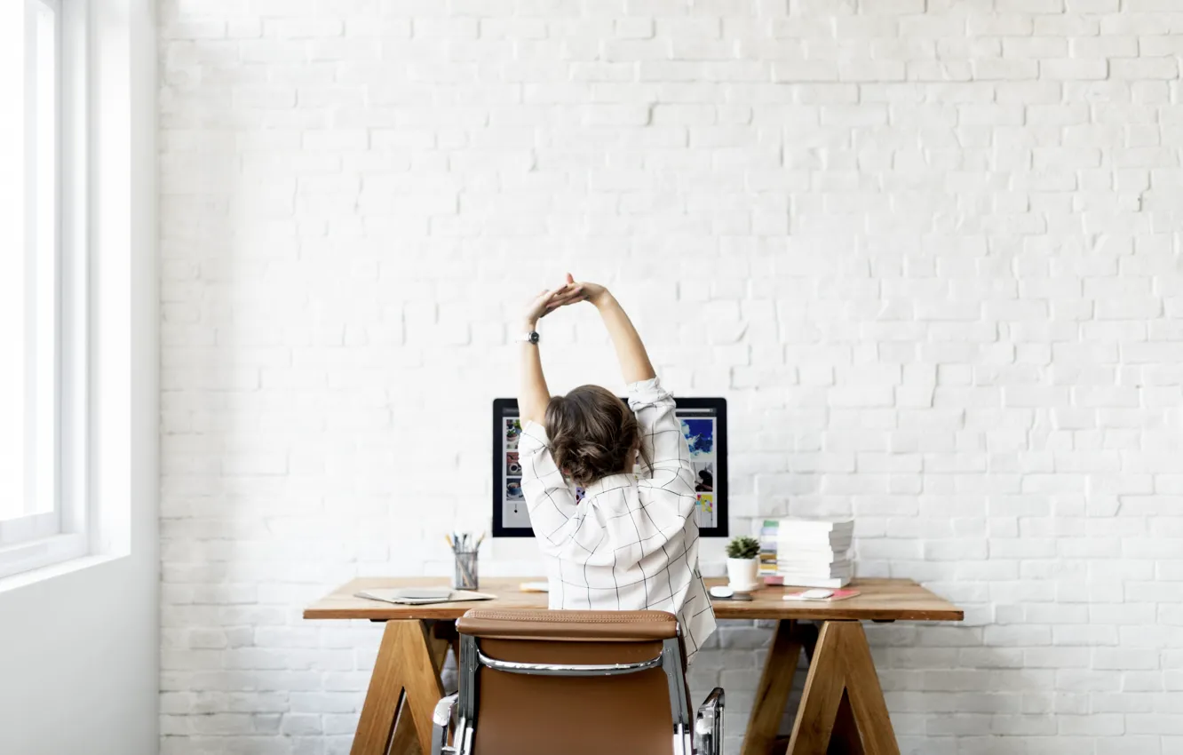 Фото обои wall, woman, computer, back, work, elongation, Tired, office work