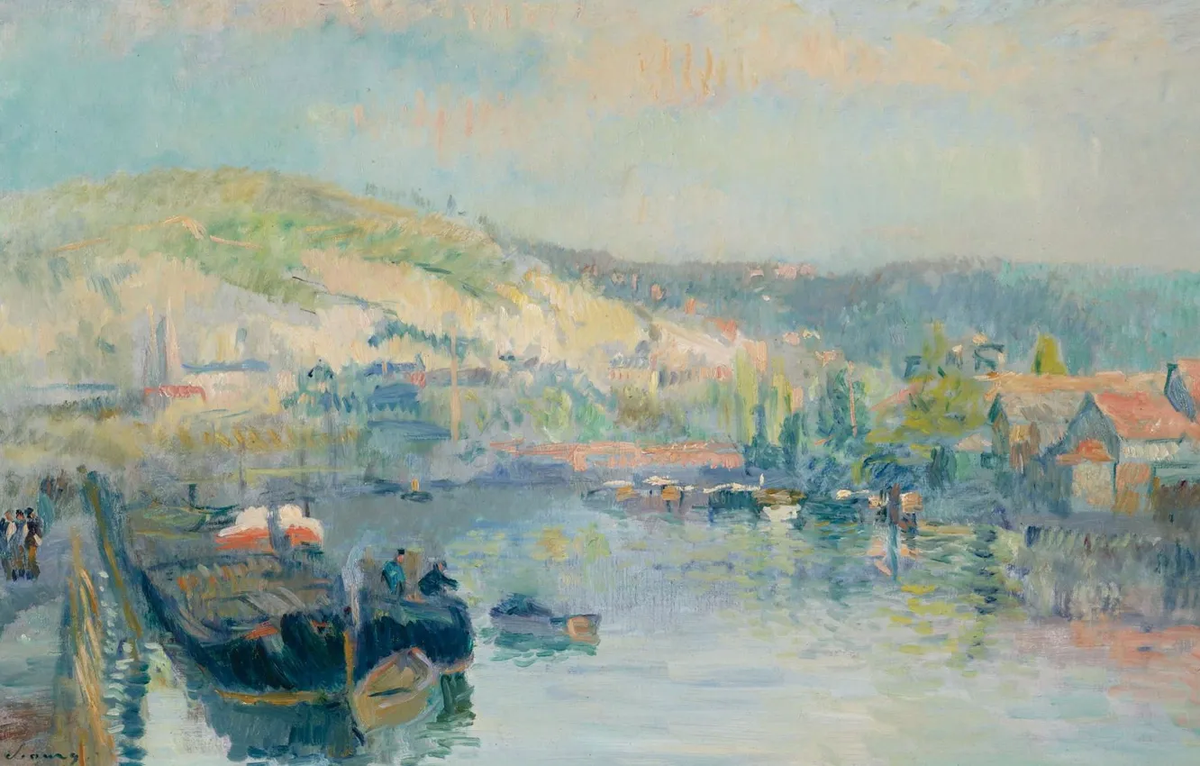 Фото обои пейзаж, река, картина, Альбер-Шарль Лебур, Albert Lebourg, Парусная Лодка на Берегу Сены около Руана