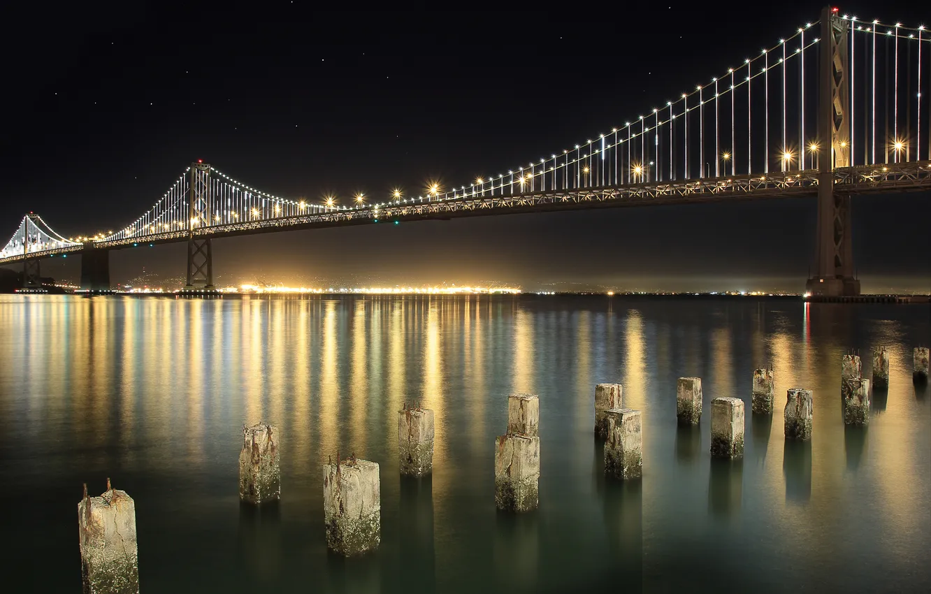 Фото обои небо, звезды, ночь, мост, огни, отражение, Калифорния, Сан-Франциско