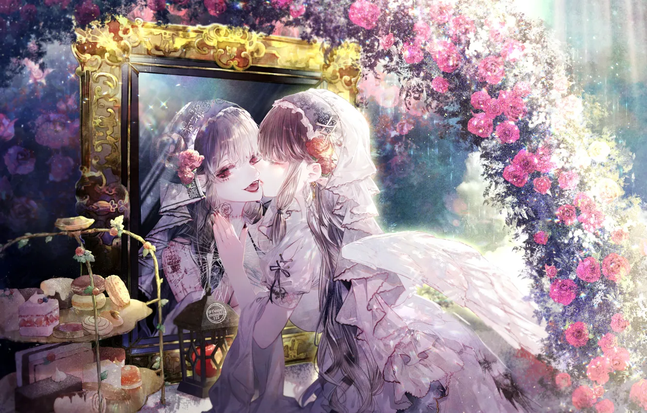 Фото обои рама, зеркало, сладости, невеста, фата, пирожные, оборки, красные розы