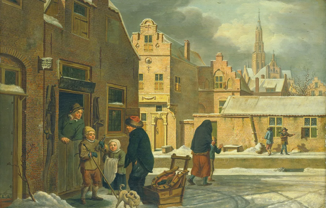 Фото обои масло, картина, городской пейзаж, 1813, Вид на Город Зимой, Dirk Jan van der Laan, Дирк …