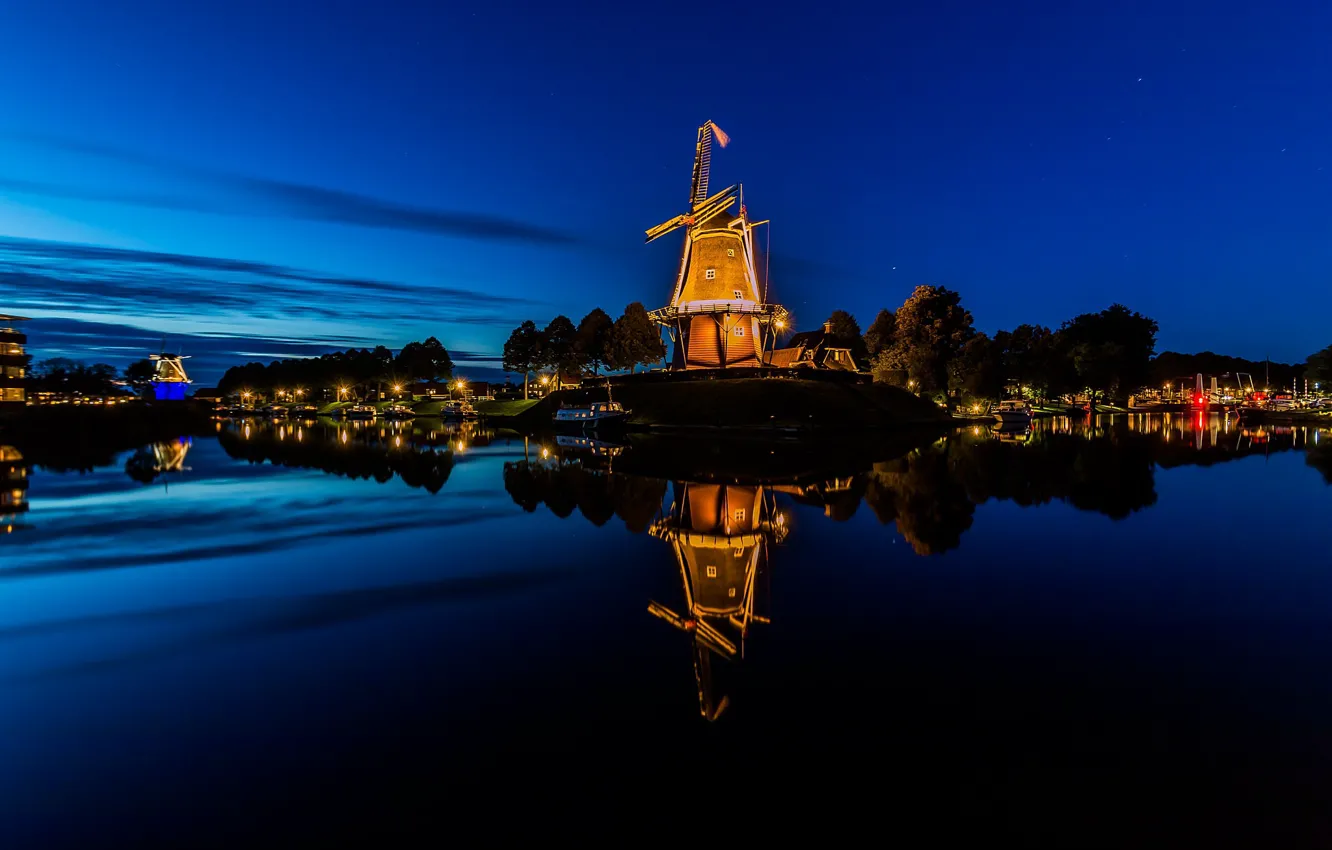 Фото обои огни, вечер, подсветка, мельница, канал, Нидерланды, Голландия