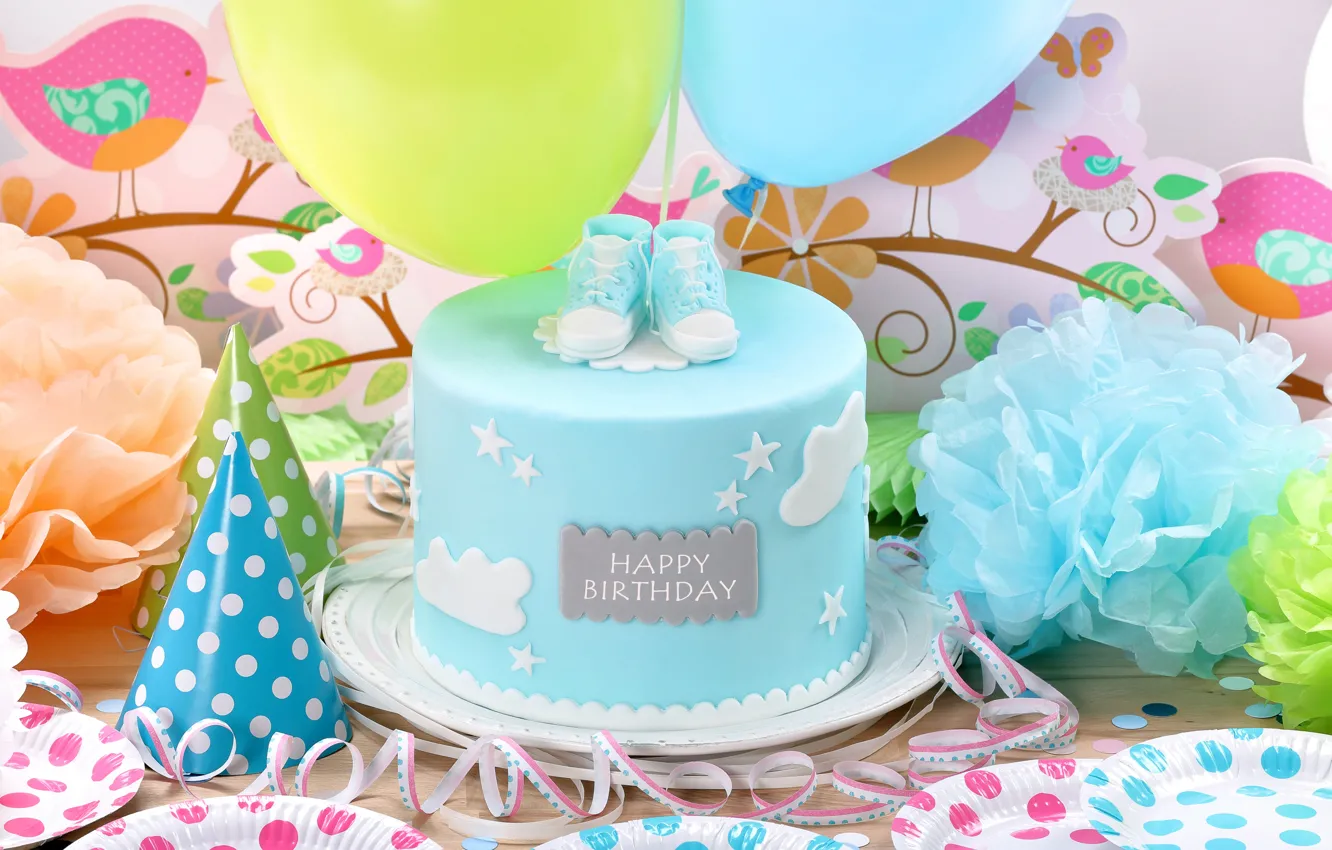 Фото обои воздушные шары, торт, cake, decoration, Happy, День Рождения, Birthday