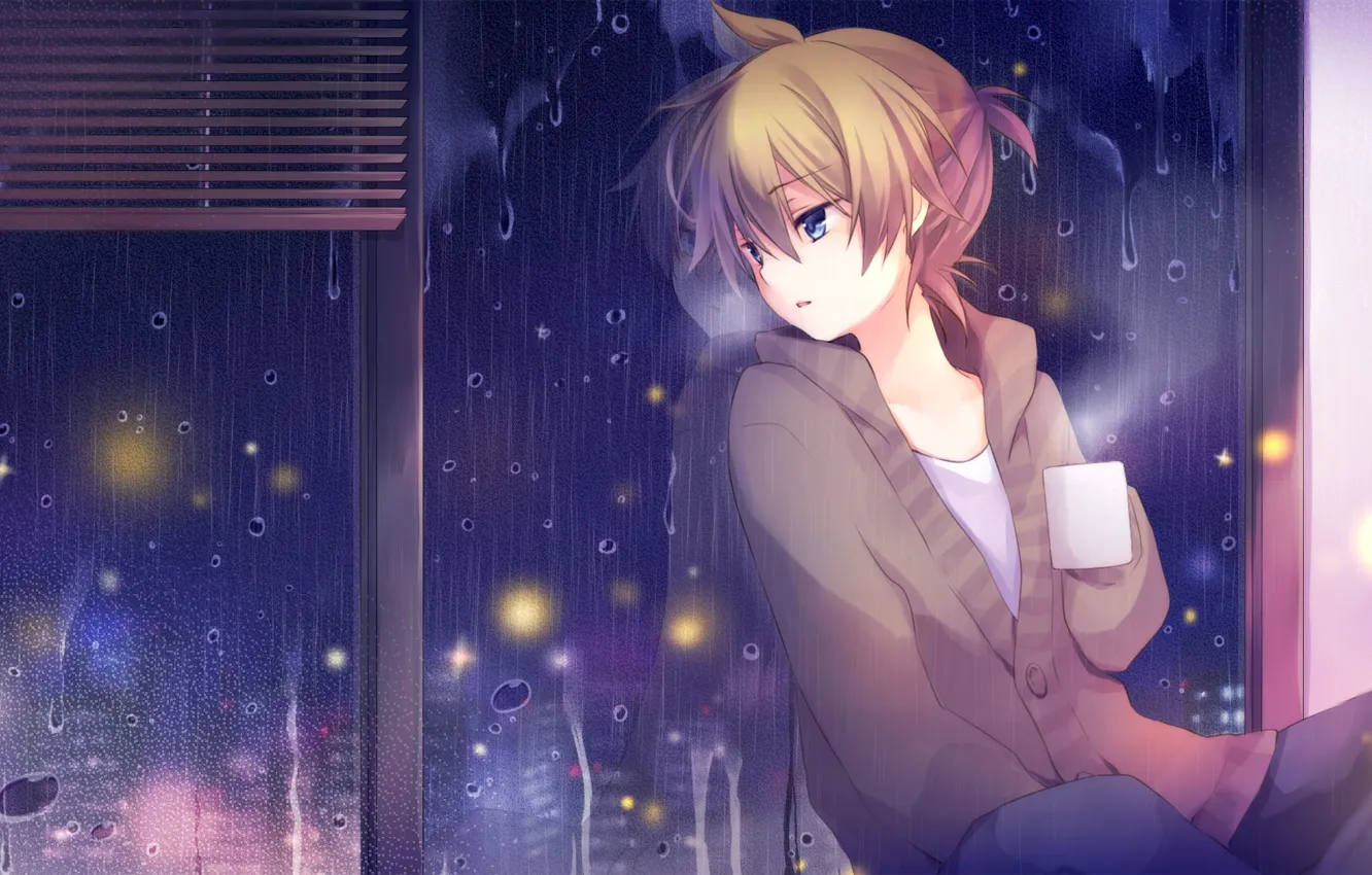 Фото обои ночь, дождь, кофе, окно, арт, парень, Vocaloid, Kaganime Len