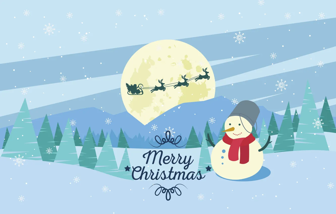 Фото обои Зима, Ночь, Снег, Луна, Улыбка, Рождество, Новый год, Санта Клаус