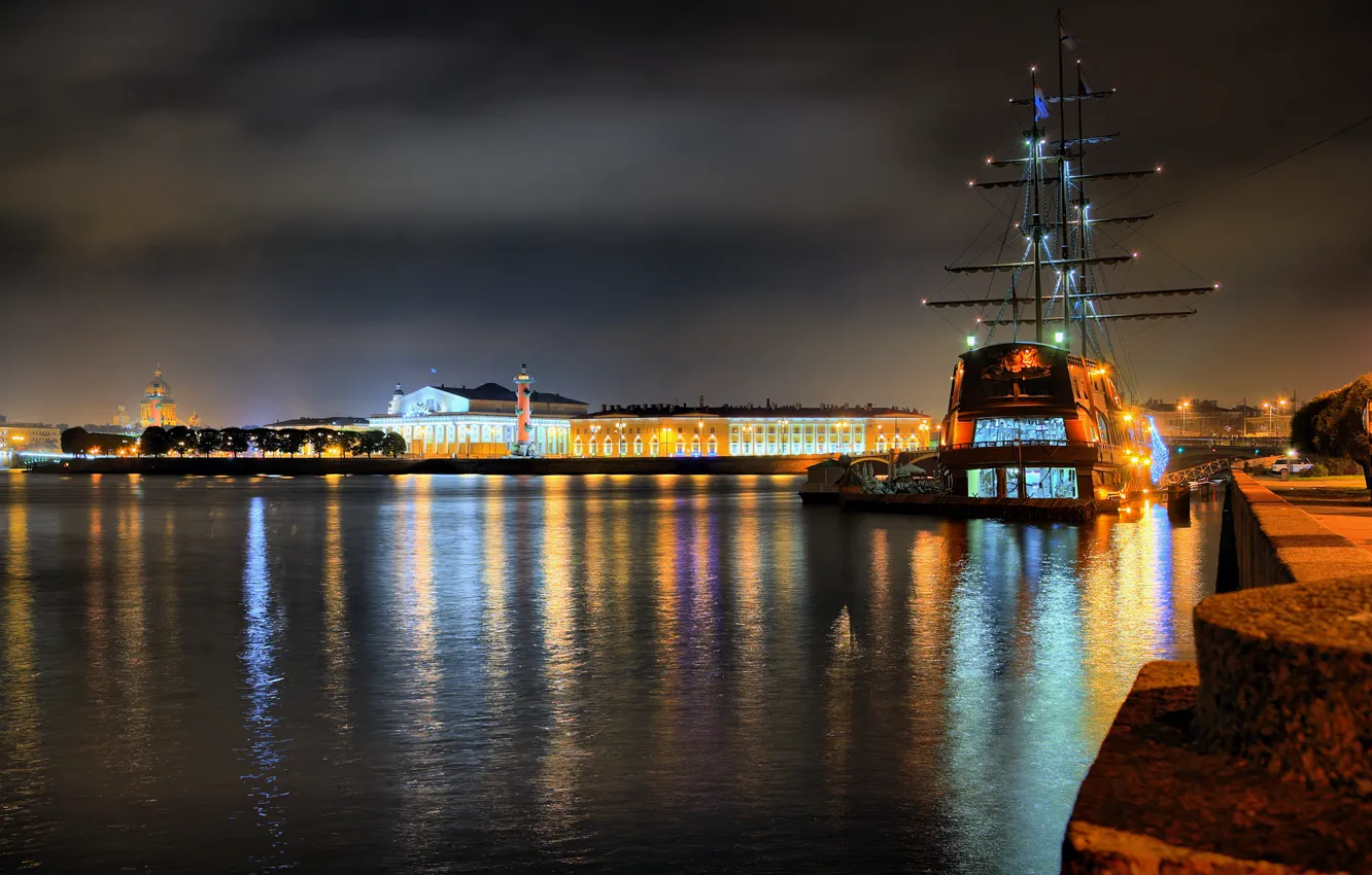 Фото обои HDR, Ночь, Корабль, Стрелка, Санкт-Петербург, Нева