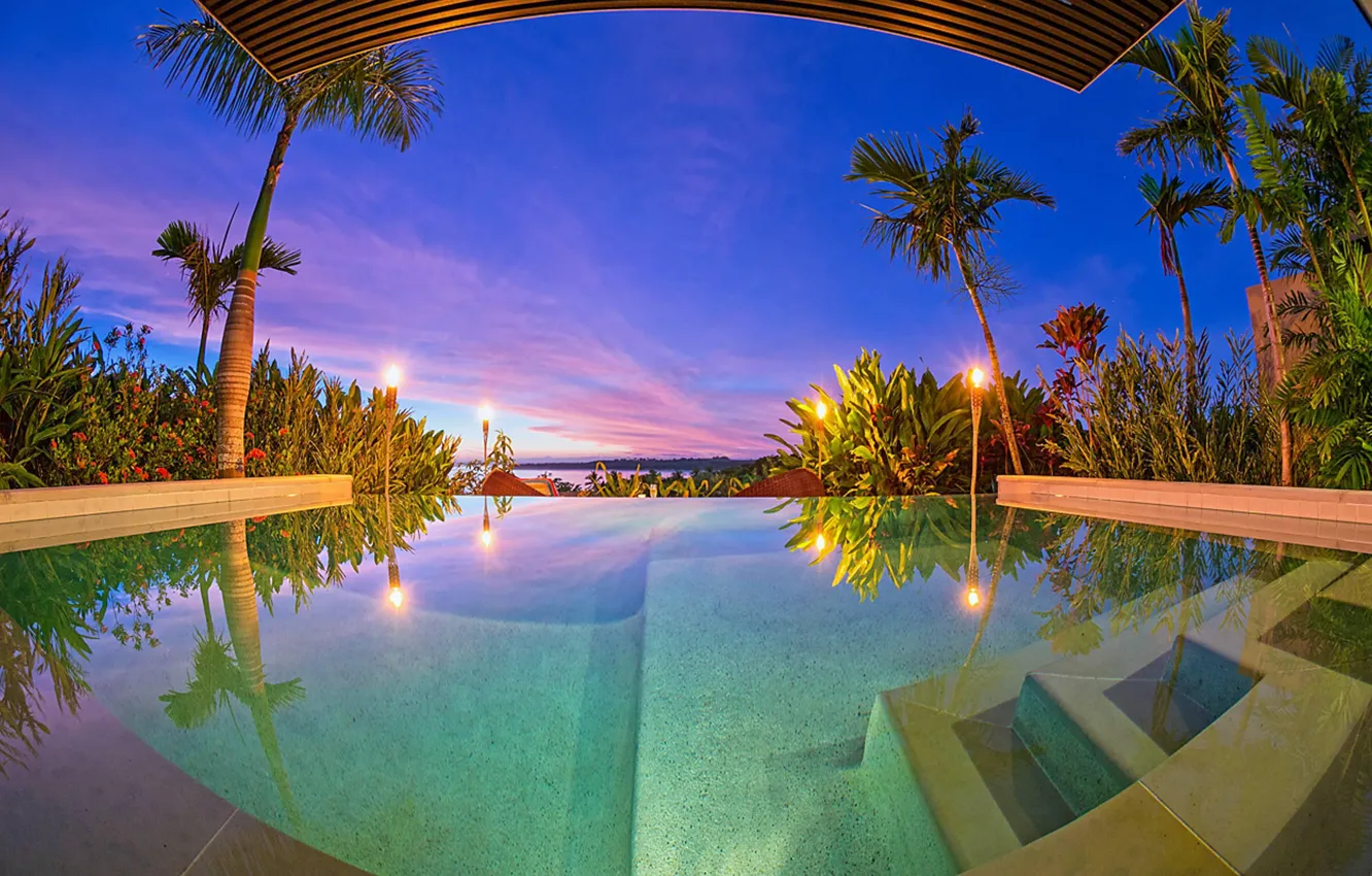 Фото обои закат, пальмы, океан, вилла, вечер, бассейн, освещение, курорт