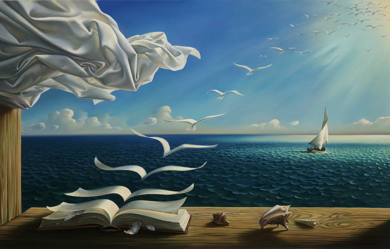 Фото обои море, волны, облака, птицы, картина, горизонт, окно, парус