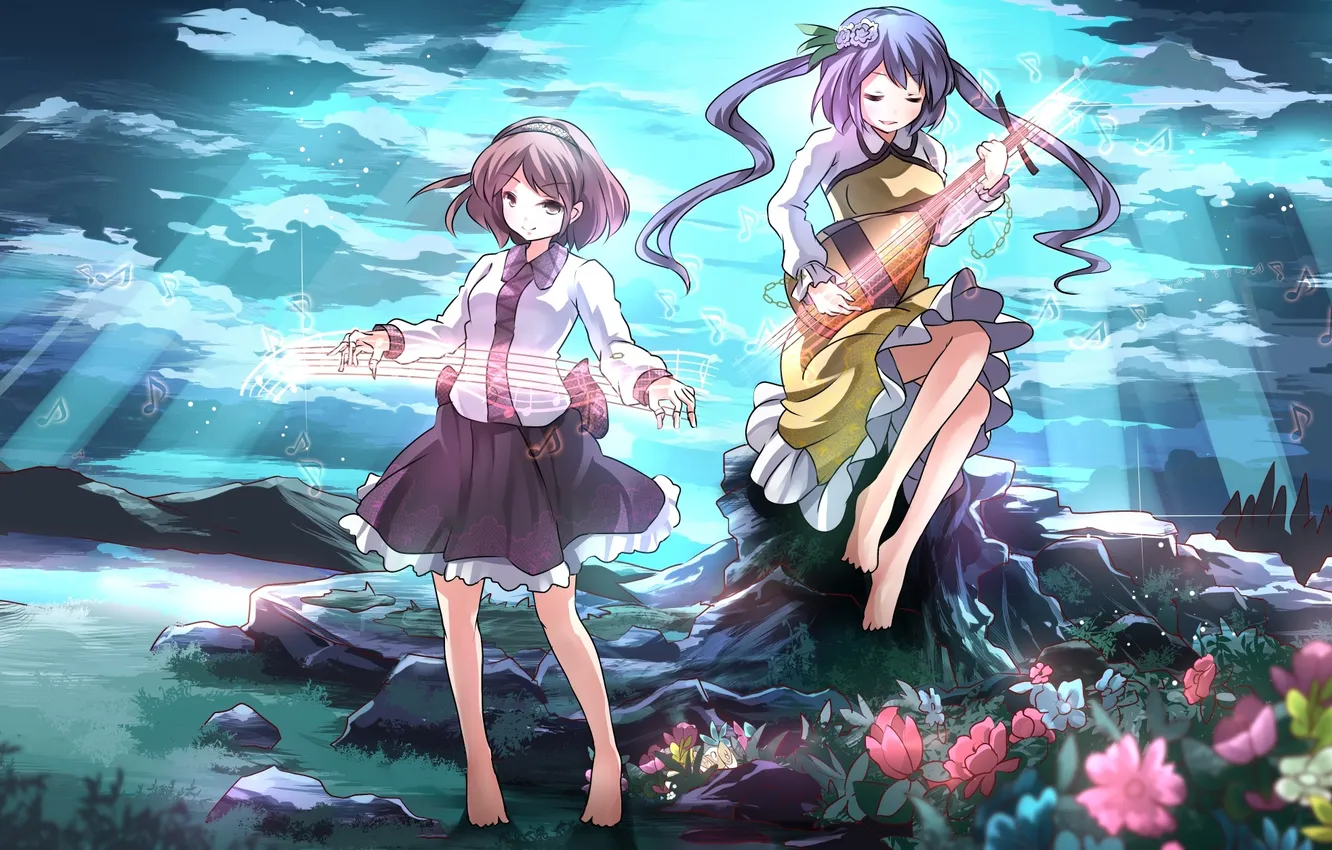 Фото обои небо, девушка, облака, цветы, горы, озеро, ноты, музыка