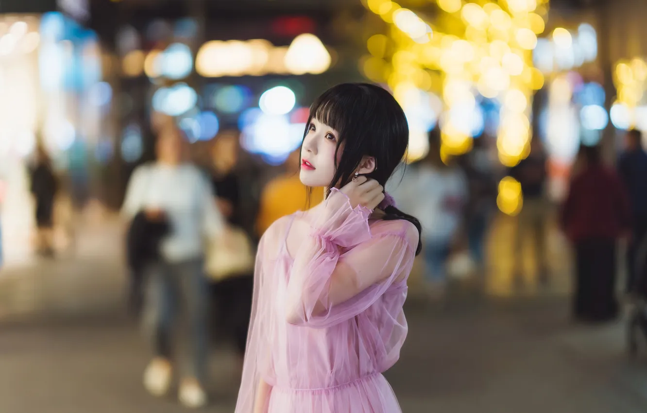 Фото обои Beautiful, Asian, Model, Lights, Night, Street, Woman, Cute