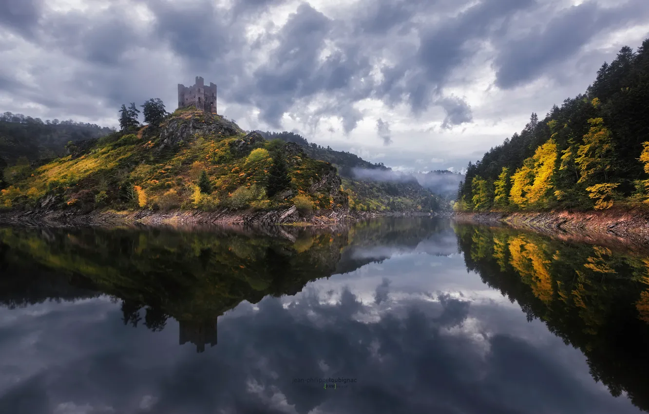 Фото обои лес, отражения, река, замок, Франция, крепость