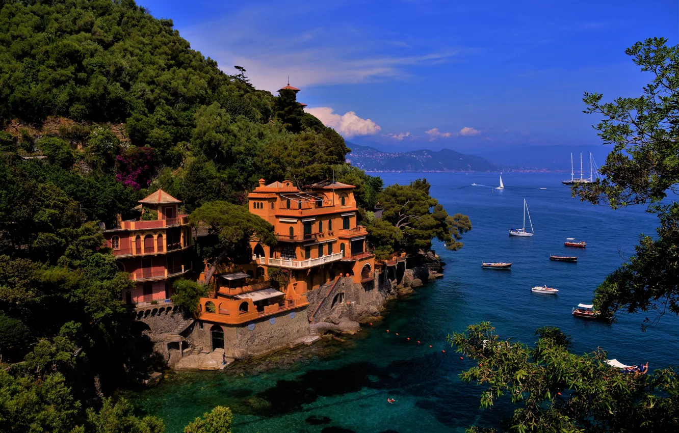 Фото обои море, пейзаж, горы, город, берег, дома, лодки, Италия