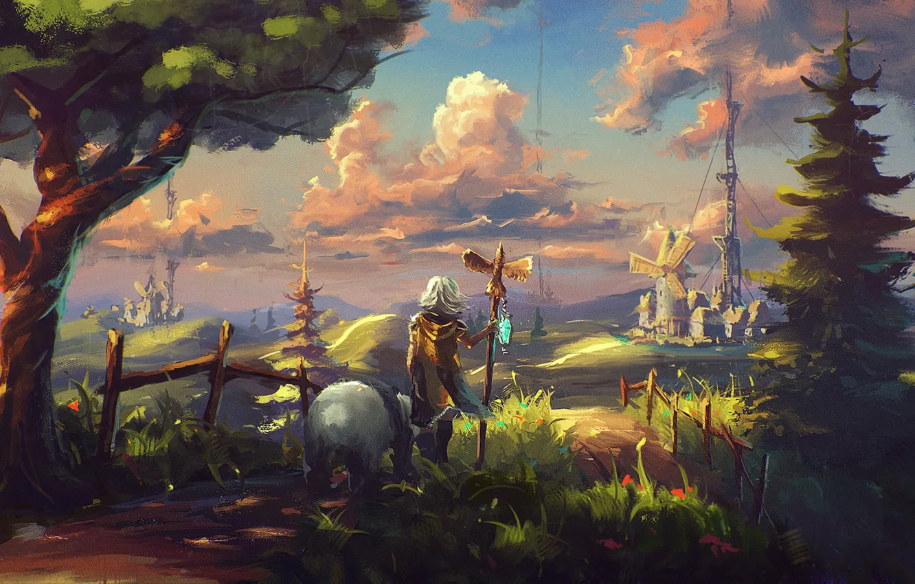 Фото обои небо, облака, пейзаж, дерево, мальчик, арт, панда, мельница