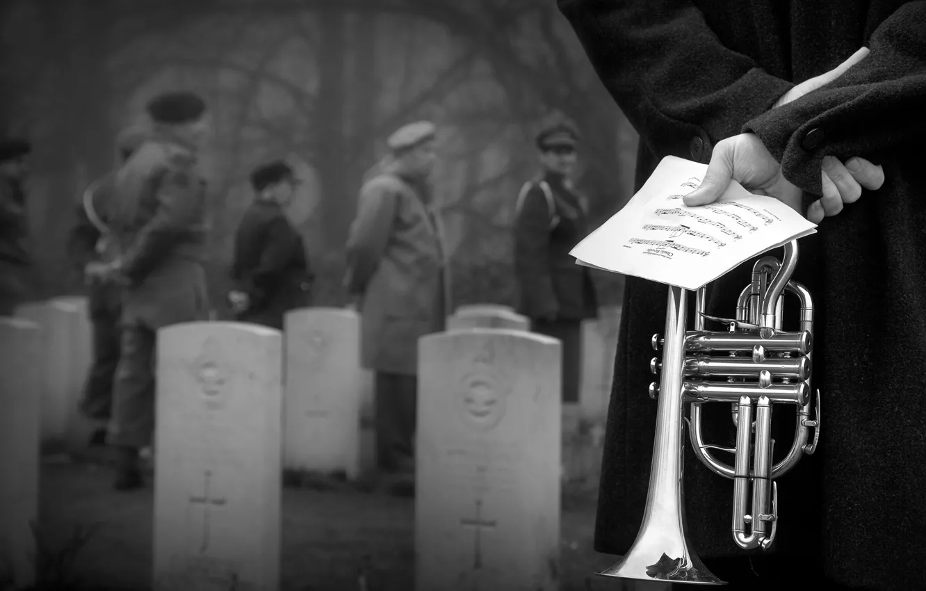 Фото обои ноты, труба, кладбище, музыкант, военный, Memorial