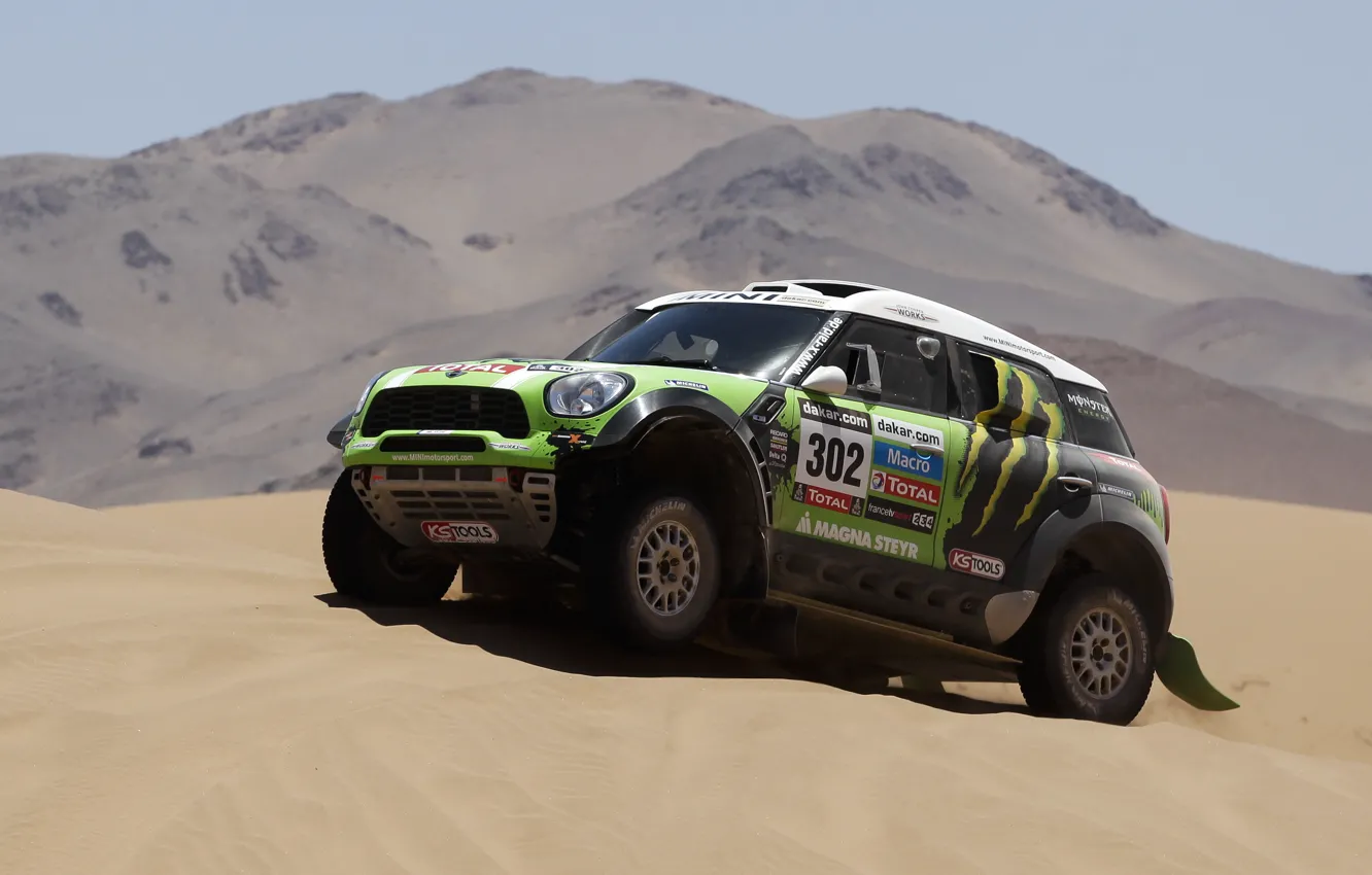 Фото обои Песок, Зеленый, Гонка, Холмы, Mini Cooper, Rally, Dakar, MINI