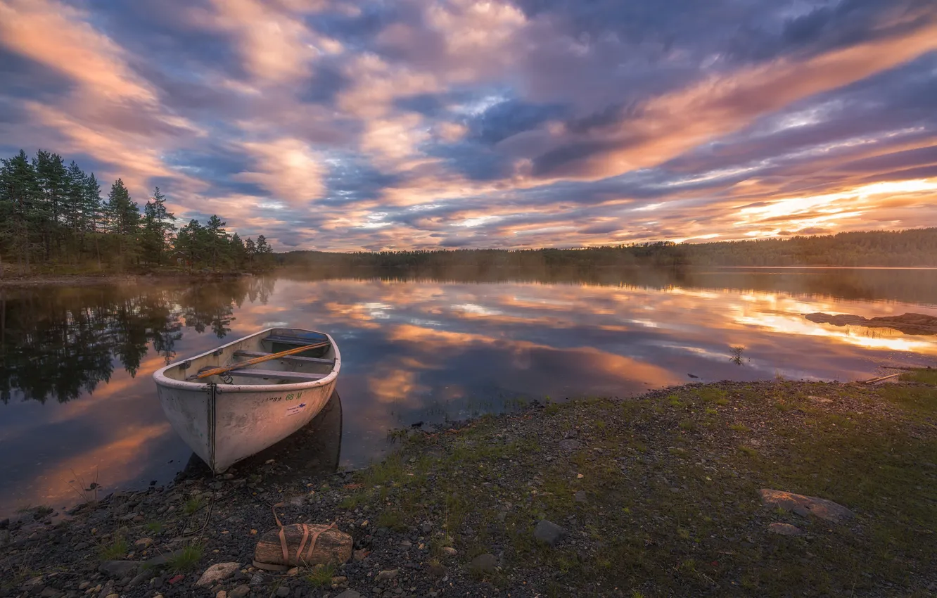 Фото обои небо, облака, закат, озеро, лодка, спокойствие, Норвегия, Norway