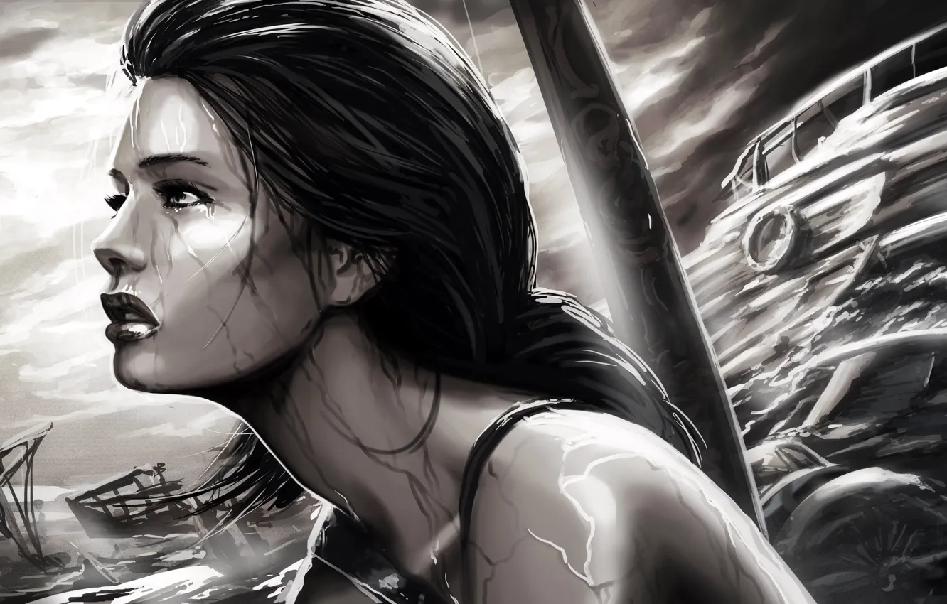 Фото обои море, девушка, дождь, игра, черно-белая, корабли, Tomb Raider, лара крофт