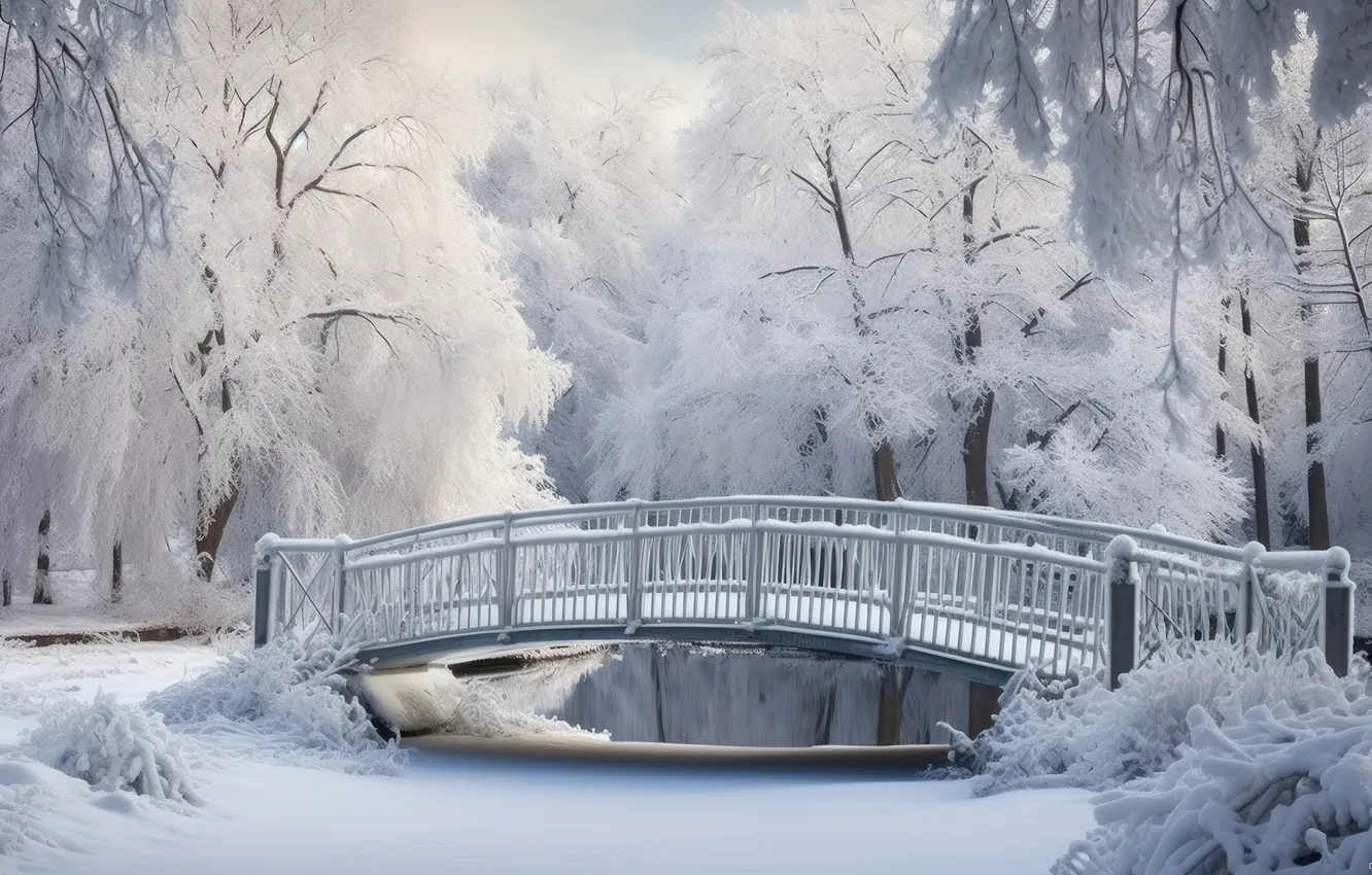 Фото обои зима, снег, мост, парк, landscape, bridge, park, winter