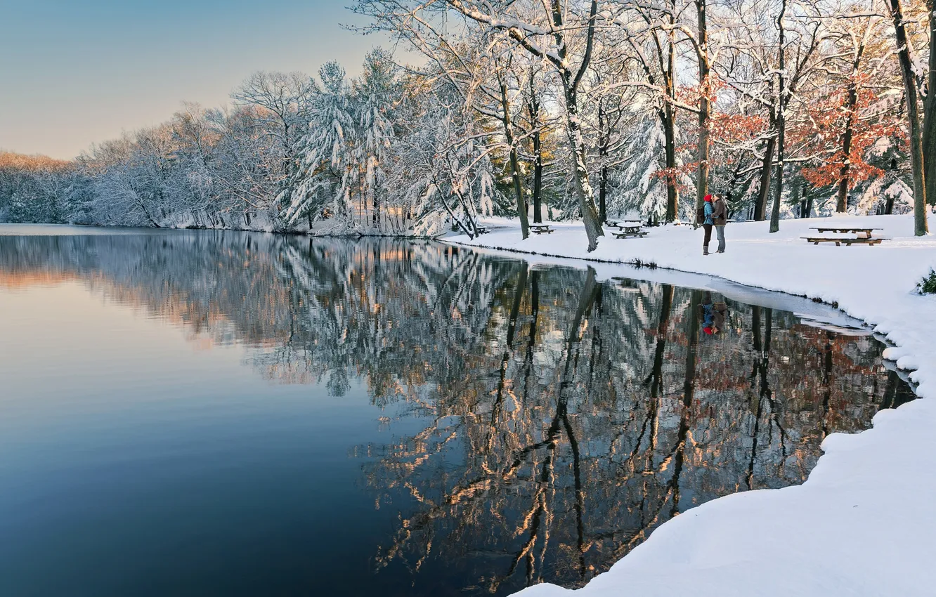 Фото обои зима, озеро, парк, свидание