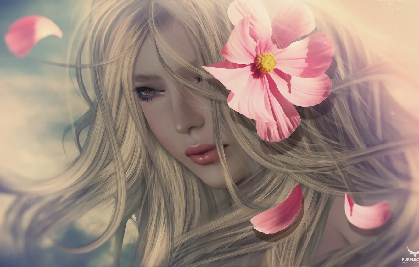 Фото обои цветок, девушка, портрет, блондинка