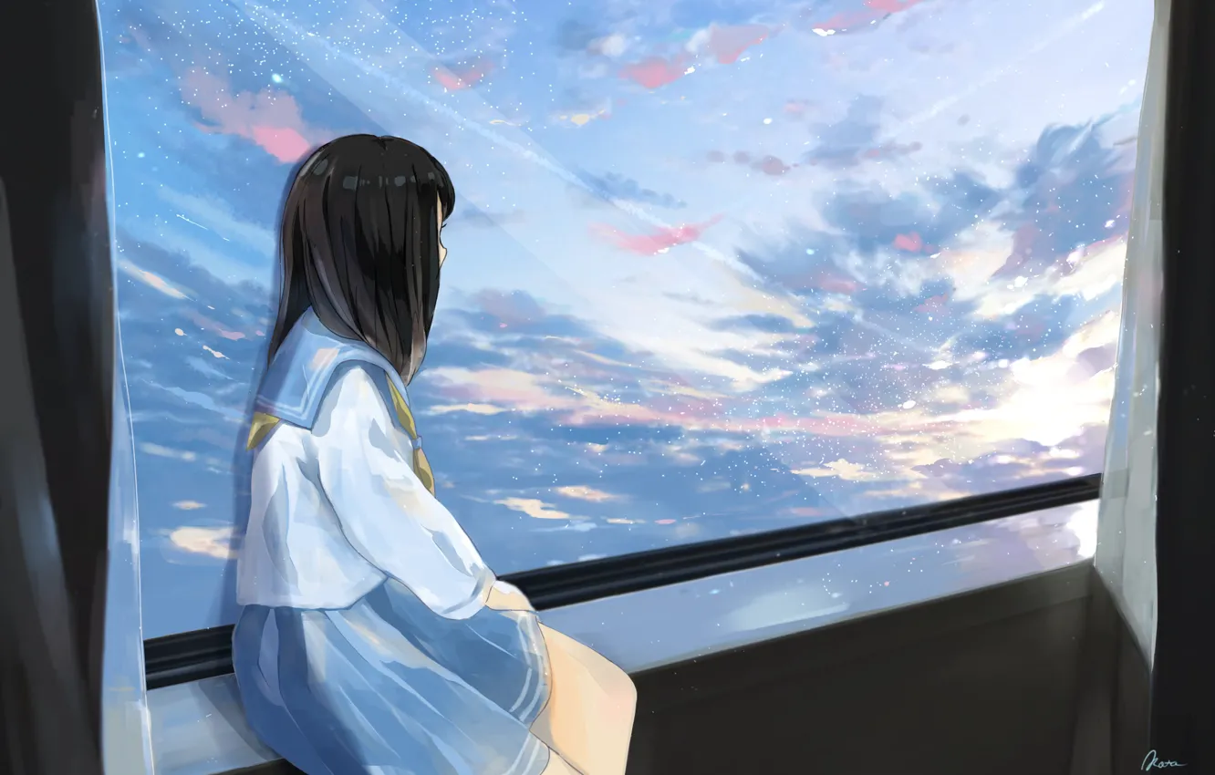 Фото обои небо, девушка, окно, форма