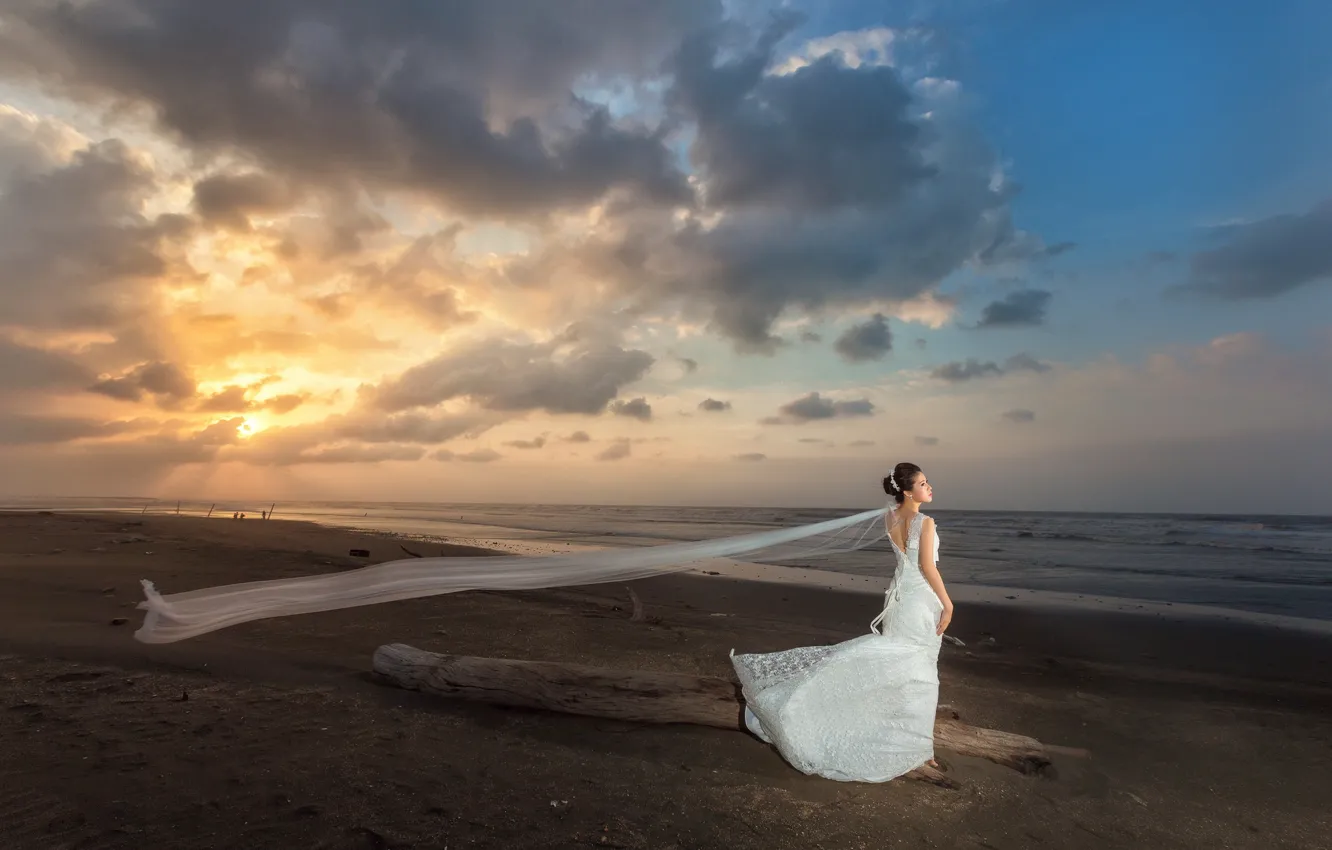 Фото обои море, девушка, ветер, берег, платье