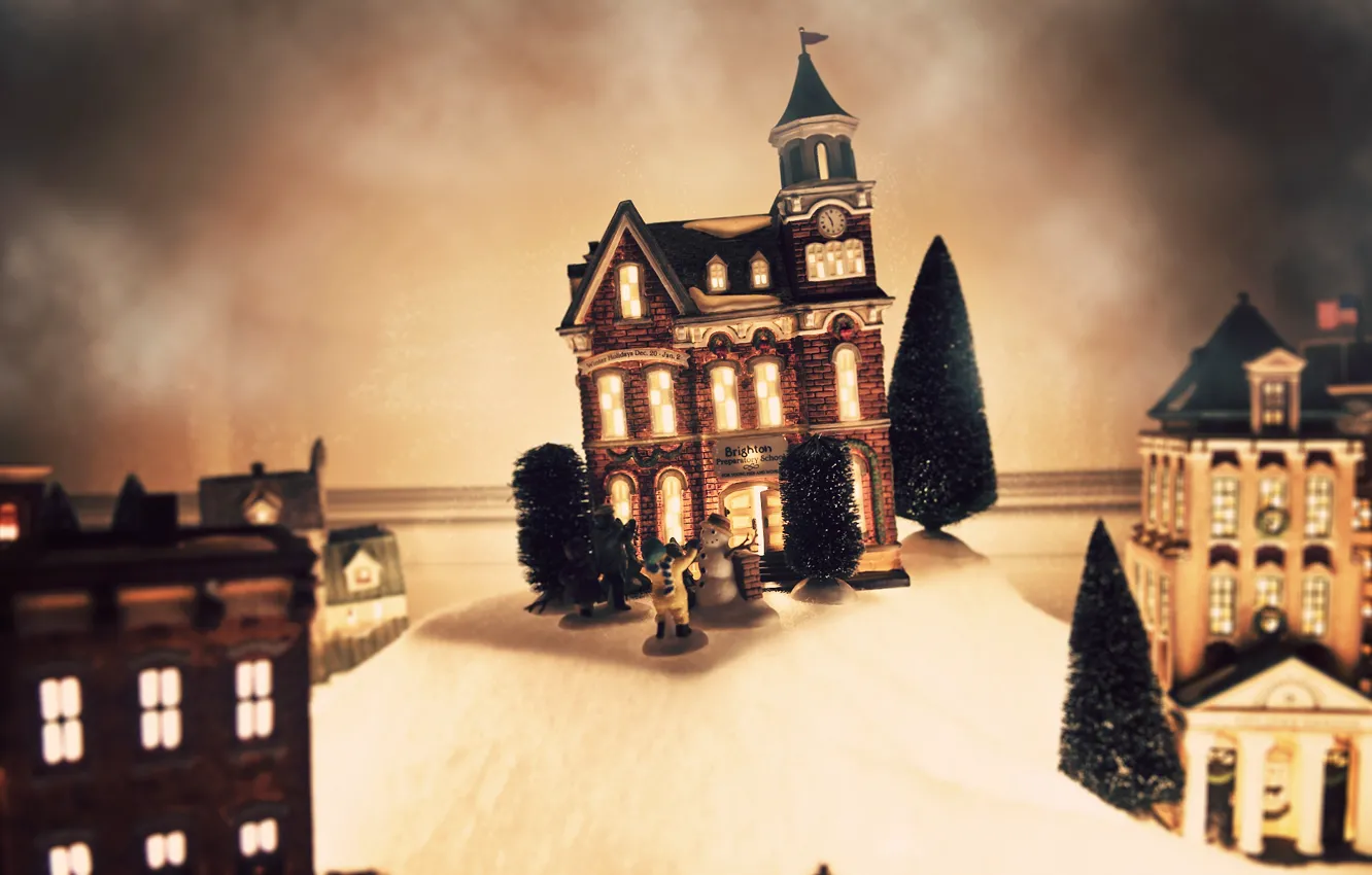 Фото обои зима, праздник, игрушка, елки, елка, новый год, рождество, домик